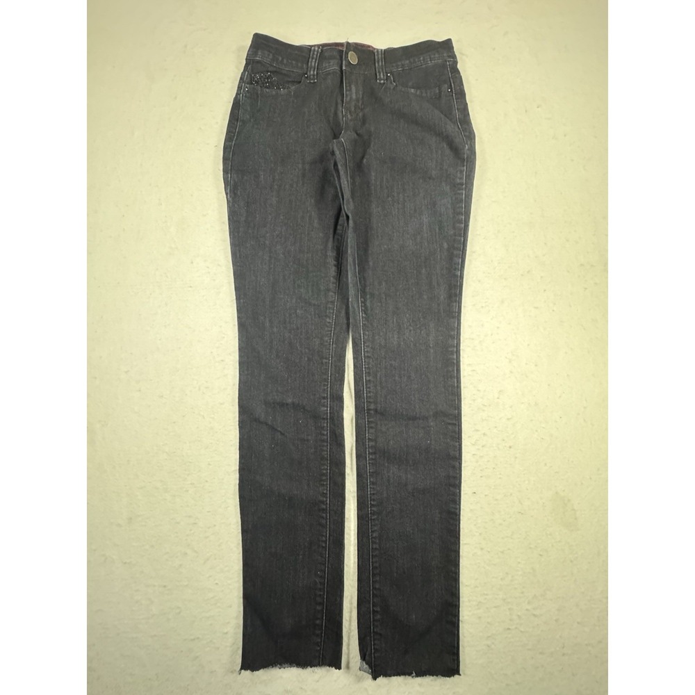 YMI Skinny Jeans Size 7 Dark Wash Rhinestone Pockets Raw Hem Stretch Denim